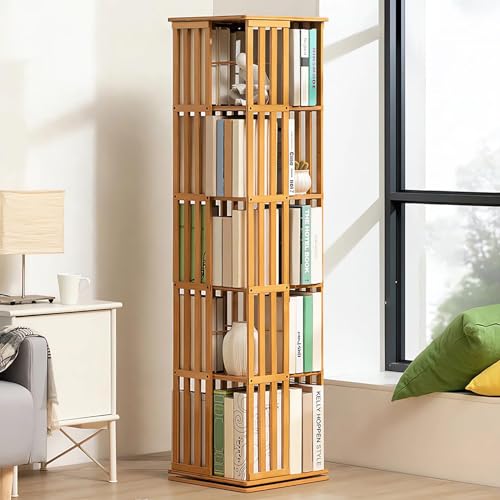 FJYAWEN 360° drehbares Bücherregal, Bambus-Holzboden-Bücherregal, einfache Installation, drehbares Pflanzenständer-Möbel für Wohnzimmer, Schlafzimmer,A-5layer von FJYAWEN