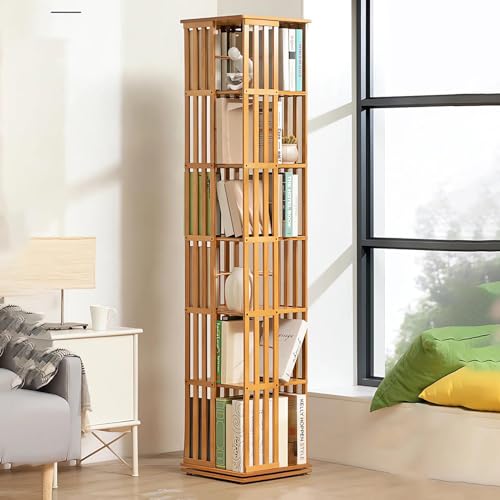FJYAWEN 360° drehbares Bücherregal, Bambus-Holzboden-Bücherregal, einfache Installation, drehbares Pflanzenständer-Möbel für Wohnzimmer, Schlafzimmer,A-6layer von FJYAWEN