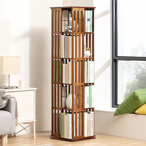 FJYAWEN 360° drehbares Bücherregal, Bambus-Holzboden-Bücherregal, einfache Installation, drehbares Pflanzenständer-Möbel für Wohnzimmer, Schlafzimmer,B-5layer von FJYAWEN