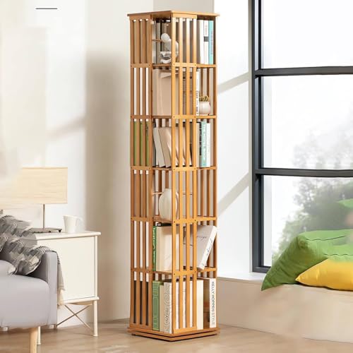 FJYAWEN 360° drehbares Bücherregal aus Bambus, drehbar, Möbelecke, drehbares Bücherregal, Bodenregal für Schlafzimmer, Wohnzimmer, 6 Ebenen,A-6layer von FJYAWEN