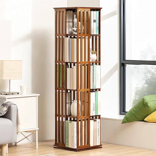 FJYAWEN 360° drehbares Bücherregal aus Bambus, drehbar, Möbelecke, drehbares Bücherregal, Bodenregal für Schlafzimmer, Wohnzimmer, 6 Ebenen,B-5layer von FJYAWEN