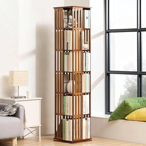 FJYAWEN 360° drehbares Bücherregal aus Holz, Bücherregal aus Bambus, Eck-Bücherregal, Bodenregal, Lagerregal für Zuhause, Wohnzimmer,B-6layer von FJYAWEN