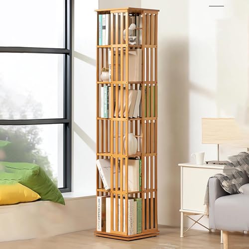 FJYAWEN Um 360° drehbares Bücherregal aus Bambus, hoher Aufbewahrungsschrank, einfache Installation, bodenstehendes Eckregal, 6 Ebenen, für Wohnzimmer und Schlafzimmer,A-6layer von FJYAWEN