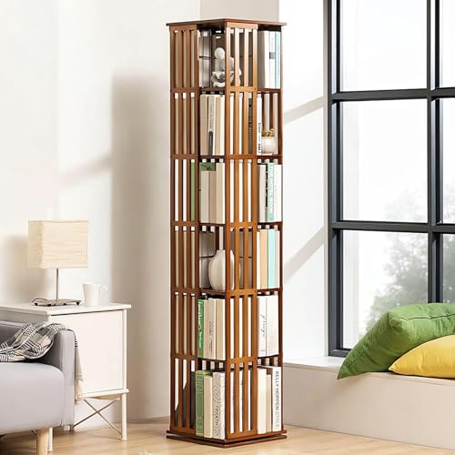 FJYAWEN Um 360° drehbares Bücherregal aus Bambus, hoher Aufbewahrungsschrank, einfache Installation, bodenstehendes Eckregal, 6 Ebenen, für Wohnzimmer und Schlafzimmer,B-6layer von FJYAWEN