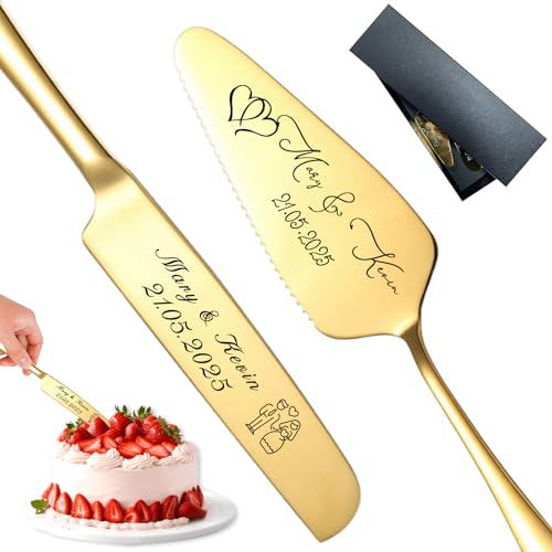 FKF Personalisiert Tortenheber Personalisierts Tortenmesser Gravur Name und Text Tortenschaufel Hochzeit Personalisiert als Geschenk zur Hochzeit Jahrestag Geburtstag (Goldenes Kuchenmesser) von FKF