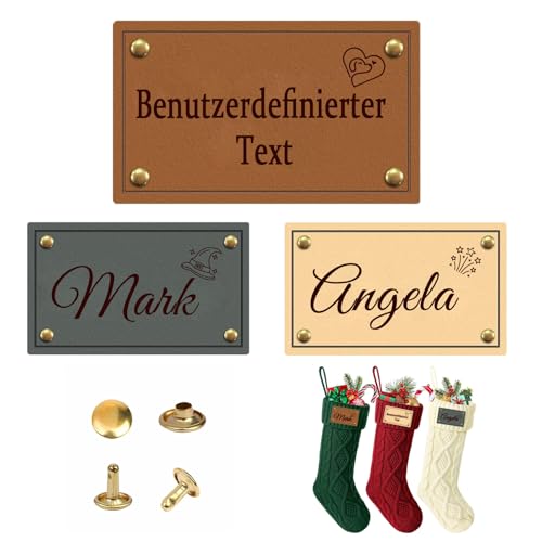 Personalisierte Weihnachtsanhänger aus Leder mit Nieten, Etikett mit Gravur Name/kleines Symbol, Individuelles Namensschild für Weihnachtsstrümpfe, Schals, Handschuhe (Personalisierte ID-Tag) von FKF