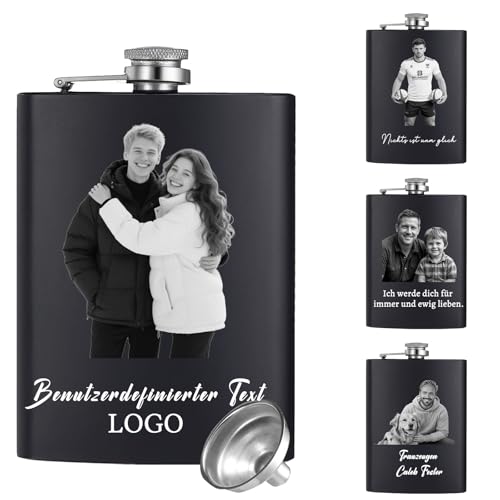 Personalisierter Flachmann mit Gravur, 237 ml, Edelstahl – Individuell graviert mit Fotos und Text – Vatertag, Weihnachten, Hochzeitsgeschenk – für Männer, Trauzeugen (Individuelle Fotos) von FKF