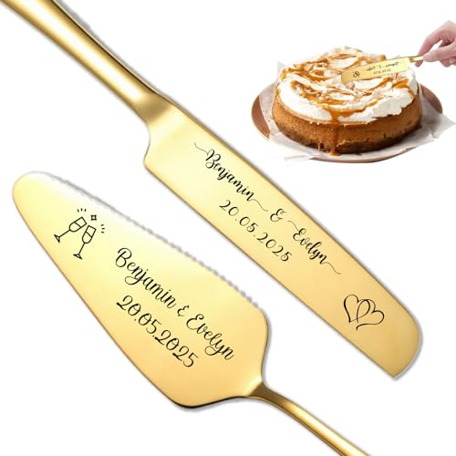 Personalisiertes Hochzeitstortenmesser- und -heber-Set, Individuelles Tortenservierset, Hochzeitstorten-Schneideset, Personalisiertes Geschenk zum Jahrestag, Geburtstag oder Weihnachten (Gold) von FKF