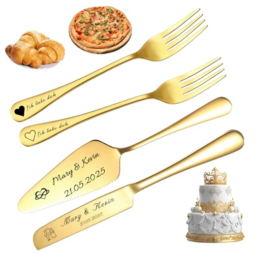 Tortenheber Hochzeit Personalisiert mit Tortenmesser - Gravur Namen & Text | Edelstahl Kuchenschneider Set für Hochzeit, Jubiläum, Geburtstag (Gold) von FKF