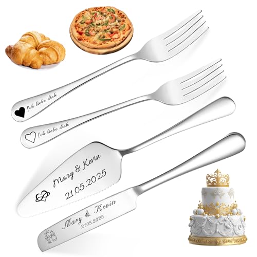 Tortenheber Hochzeit Personalisiert mit Tortenmesser - Gravur Namen & Text | Edelstahl Kuchenschneider Set für Hochzeit, Jubiläum, Geburtstag (Silber) von FKF
