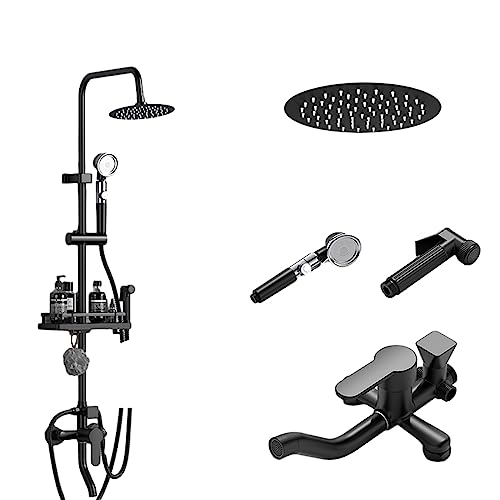 Duschsystem-Wasserhahn-Set, freiliegendes mattschwarzes Badezimmer-ABS-Duschkopf, Handbrause, verstellbare Schiebestange, Handbrause, Wannenauslauf, Wandmontage (Farbe: rund, Größe: 20,3 cm) (rund 20, von FKFKFFF