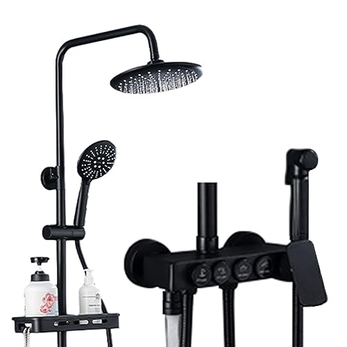 Freiliegendes Duschsystem zur Wandmontage, thermostatisch, mattschwarz, runder Duschkopf, verstellbare Handbrause, Badezimmer-Mischbatterie-Set, 4 Funktionen von FKFKFFF