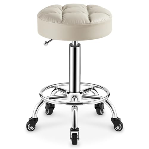 Robuster, runder Rollhocker aus PU-Leder, höhenverstellbar, Drehhocker mit Rädern, für Spa, Massage, Maniküre, Shop, größerer Sitz, schwer (weiß) von FKFKFFF