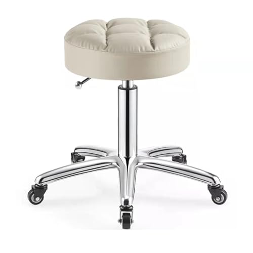 Robuster, runder Rollhocker aus PU-Leder, höhenverstellbar, Drehhocker mit Rädern, für Spa, Massage, Maniküre, Shop, größerer Sitz (weiß) von FKFKFFF