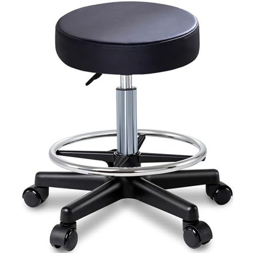 Robuster, runder Rollhocker mit Fußstütze, PU-Leder, höhenverstellbar, um 360° drehbar, mit Rollen, Bürostuhl, Zuhause, Zeichnung, Arbeit, Studio, Geschäft, Spa, Salon (45 cm) von FKFKFFF