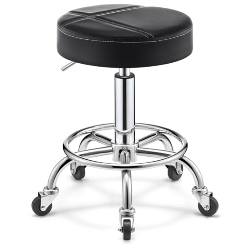 Robuster, verstellbarer Hocker mit Rollen und Pedal, runder Rollstuhl für Spa, Salon, Massage, Küche, Büro, Laden, Hocker (schwarz) von FKFKFFF
