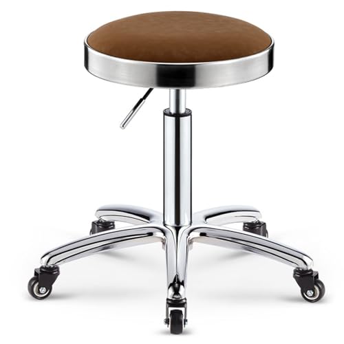 Robuster Drehhocker mit Stahlring und Rädern, höhenverstellbar, PU-Leder, Bürostuhl für Schlafzimmer, Laden, Theke, Salon, Waschtisch, Spa, Massage, Schönheitsschreibtisch (braun) von FKFKFFF