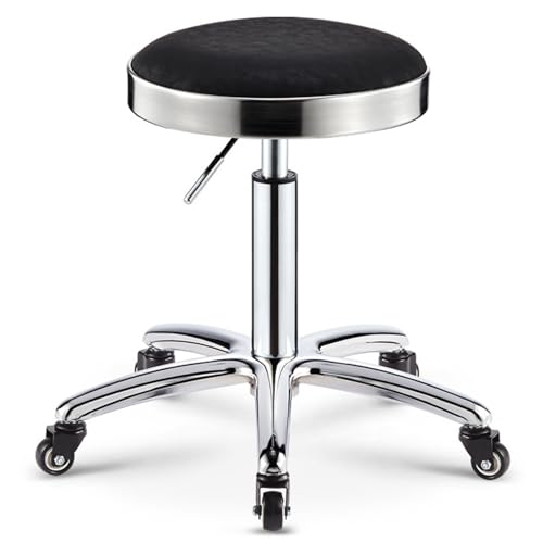 Robuster Drehhocker mit Stahlring und Rollen, höhenverstellbar, PU-Leder, Bürostuhl für Schlafzimmer, Laden, Theke, Salon, Waschtisch, Spa, Massage, Schönheitsschreibtisch (schwarz) von FKFKFFF