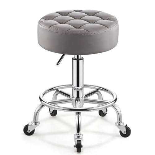 Robuster runder Rollhocker, höhenverstellbar, Drehstühle mit Rollen und Fußstütze, gepolsterter Sitz für Salons, Spa, Medizin, Grafik, Arbeit, Massage, Schönheit (grau) von FKFKFFF