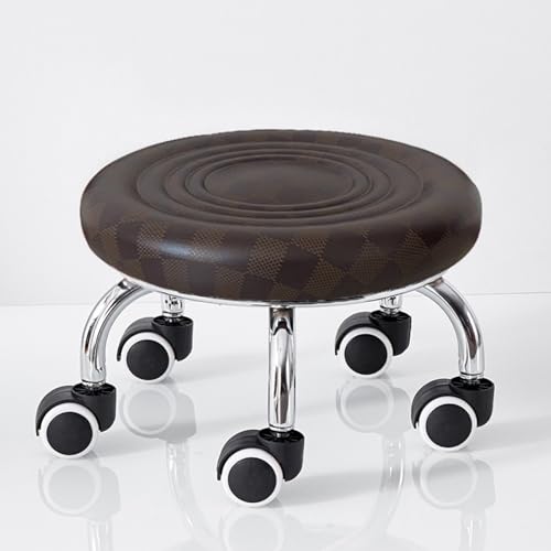 Rollstuhl, PU-Leder, niedrig, robust, rund, 360° drehbar, kleiner Hocker mit Universalrollen für Zuhause, Büro, Garage, Geschäft, Fitness (braun geriffelt) von FKFKFFF