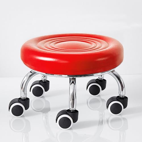 Rollstuhl, PU-Leder, niedrig, robust, rund, 360° drehbar, kleiner Hocker mit Universalrollen für Zuhause, Büro, Garage, Geschäft, Fitness (rote Wellung) von FKFKFFF