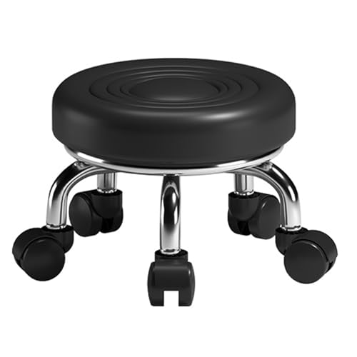 Schwarzer Rollhocker aus PU-Leder, niedrig, robust, rund, 360° drehbar, kleiner Hocker mit Universalrollen für Zuhause, Büro, Garage, Geschäft, Fitness (schwarz) von FKFKFFF