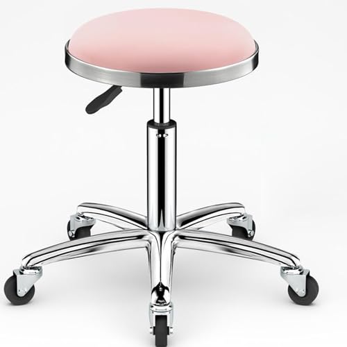 Schwerlast-Drehhocker, Rollhocker, Beauty-Hocker, höhenverstellbar, runder Hocker auf Rollen, Metall-Hochhocker für Küche, Salon, Bar, Büro, Massageklinik (Rosa) von FKFKFFF