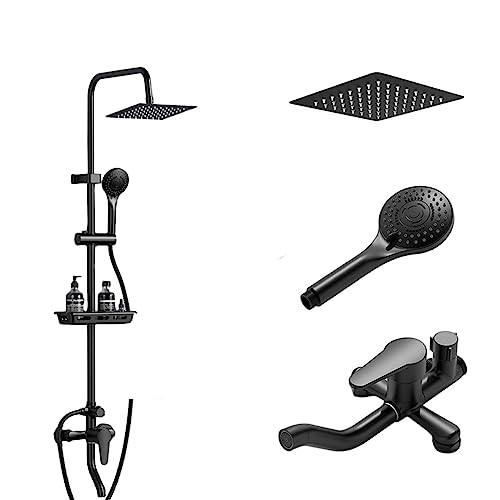 Wandmontierter freiliegender Badezimmer-Duschhahn mit Duschablage, Regenduschkopf, Handbrause, Duschsystem, Dreifachfunktion mit Wannenauslauf (Größe: rund) (quadratisch) von FKFKFFF