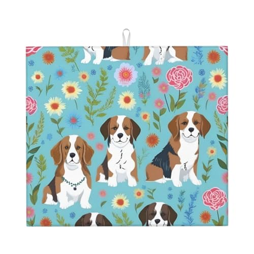 Sweet Basset Hound Florals Print saugfähige Küchen-Trockenmatte mit Aufhängeschlaufe für Theken und Displays dekorativ von FKGKDF