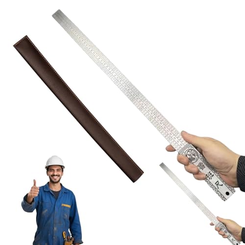 20-Zoll-Zeichner-Lineal aus Edelstahl, doppelseitig | Imperiale Zentimeter-Doppelskala | Verteidigungs-Stil mit Lederetui | Gemischtes Set (3 mm dick) von FKGQWZETK
