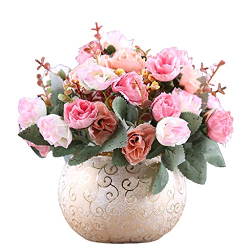 FKJLUN Kunstpflanze mit Übertopf Künstliche Blume Knospe Tuch Rose Gold Vase Dekoration Wohnzimmer Schlafzimmer Restaurant Zier Gefälschte Blume Trockenen Blumenstrauß künstliche Blumenarrangements von FKJLUN