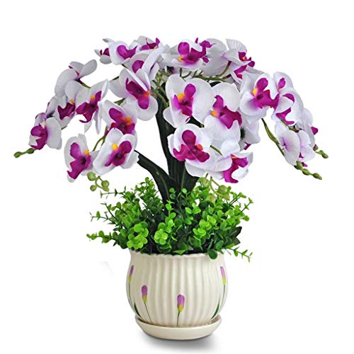 Kunstpflanze mit Übertopf Kunstseide-Blumen-Set, künstliche Orchidee Orchideentopf mit Keramiktopf Simulation Phalaenopsis Bonsai Pflanze gefälschten Plastikblumen-Home Deco künstliche Blumenarrangeme von FKJLUN