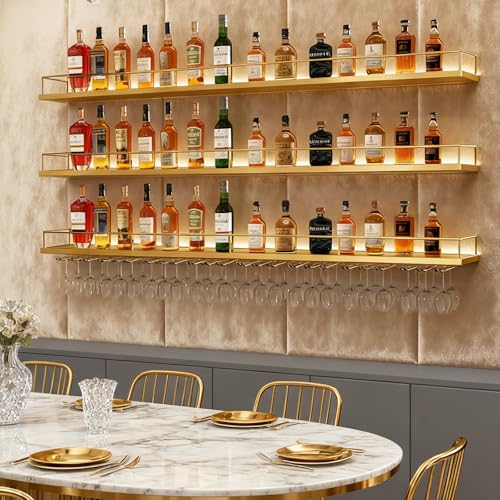FKKPRVAX 120CM Weinregal Wand mit Glashalter, 3 Ebenen Metallbar Weinpareite Display Rack, Modernes Weinregal im Industriestil für Zuhausefür Esszimmer Home Bar Küche Dekorative (Gold) von FKKPRVAX