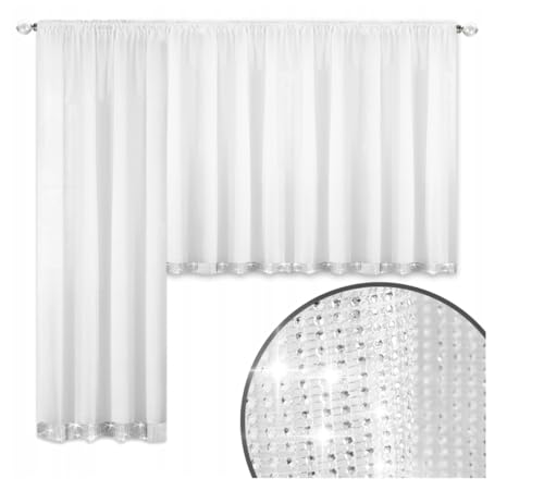 FKL DESIGN Home Deco Balkongardine Fertiggardine Fenstergardine Gardine aus Voile mit glitzernde Zirkonia Faltenband Kräuselband Store Lang Modern Weiß LB-184 (250 x 550 cm) von FKL DESIGN Home Deco