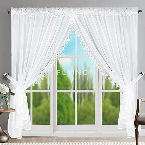 FKL DESIGN Home Deco Balkontür Balkongardine Balkon Fertiggardine Fenstergardine Gardine aus Voile mit Gipüre Faltenband Kräuselband Store Lang Modern Weiß 250x400 cm LB-11-A (250 x 600 cm) von FKL DESIGN Home Deco