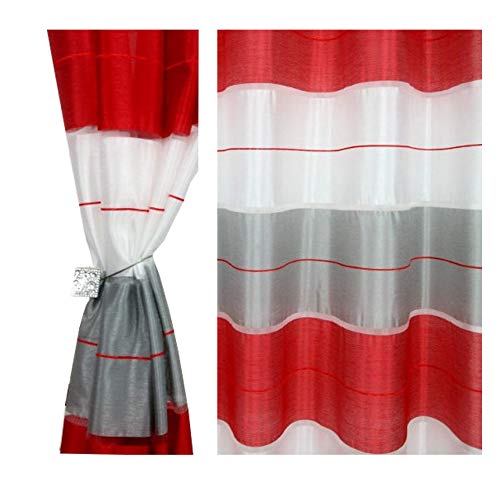 FKL DESIGN Home Deco Gardine Ösen - Vorhang - Halbtransparent Ösenvorhänge - Schlafzimmer Wohnzimmer Kinderzimmer - Vorhänge - Weich Fallende Gardinen - 2er Set - 145x245 cm - Farbe Rot Grau, AGV V22 von FKL DESIGN Home Deco