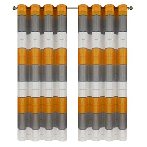 FKL DESIGN Home Deco Gardine Ösen - Vorhang - Halbtransparent Ösenvorhänge - Schlafzimmer Wohnzimmer Kinderzimmer - Vorhänge - Weich Fallende Gardinen - 2er Set - 145x245 cm - Farbe Grau Gold, AGV V28 von FKL DESIGN Home Deco