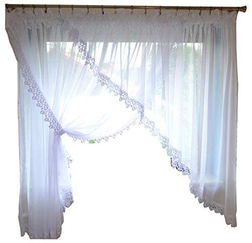 FKL DESIGN Home Deco Schöne Fertiggardine Fenstergardine Gardine aus Voile mit Faltenband Kräuselband Smokband Store Kurz mit Vorhang Weiß Gipüre Schräge Rechts Weiß 160x400 cm LB-77 (LB-77-R) von FKL DESIGN Home Deco