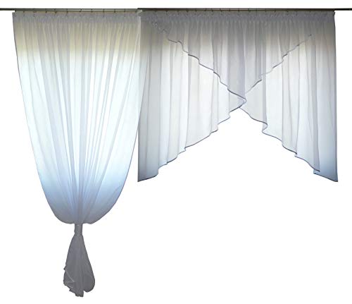 FKL DESIGN Home Deco Schöne Fertiggardine Fenstergardine aus Voile Gardine Balkongardine Set Smokband Schräge Fenster Weiß 250-280 cm AG38-A (Besatz Weiß) von FKL DESIGN Home Deco