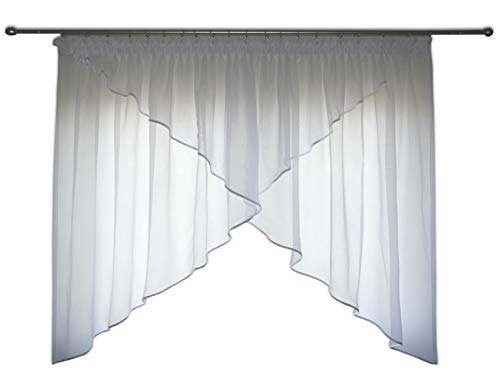 FKL DESIGN Home Deco Schöne Fertiggardine Fenstergardine aus Voile Gardine Smokband Schräge Fenster Weiß 150-180 cm AG38 (Besatz Weiß) von FKL DESIGN Home Deco