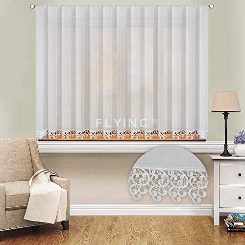 FKL Schöne Gardine aus Voile mit Kräuselband gardinen Wohnzimmer Weiss kurz Fenster küche Gipüre Gardinen mit Kräuselband Modern Weiß LB-20 (150 x 400 cm) von FKL DESIGN Home Deco