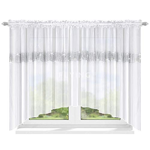 TOP Fertig-Gardine aus Voile NEU Top Design Set Gardinen mit Kräuselband Gardine küche Weiss kurz Schöne Küche-Gardine mit Kräuselband 150 x 400 cm LB-239 von FKL DESIGN Home Deco