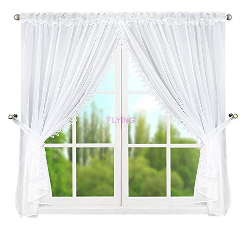 FKL DESIGN Home Deco Schöne Fertiggardine Weiss Fenstergardine Gardinen Wohnzimmer aus Voile mit Faltenband Gardinen Kräuselband Store Kurz Modern Fenster Weiß Gipüre LB-11-B (145 x 400 cm) von FKL DESIGN Home Deco