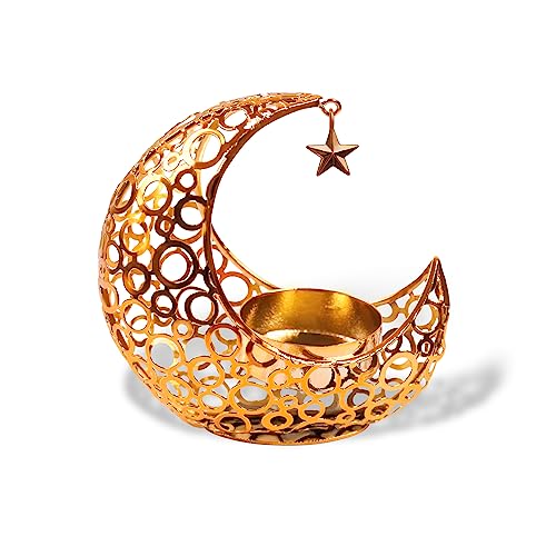 Teelichthalter Mondform Gold, Vintage Deko Wohnzimmer Schlafzimme, Moon Kerzenständer Metall, Ramadan Dekoration Set, Tischdeko für Ramadan Valentinstag (Golden) von FKSOWBBK