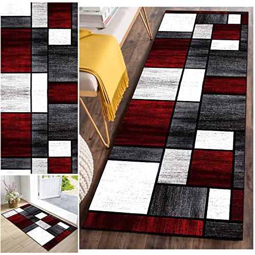 FKYUH Teppich Läufer,50x220CM Läufer Flur rutschfest Kücheläufer Teppichläufer Modern Teppich Flur für Flur, Büro, Schlafzimmer, Küche, Esszimmer Meterware Anpassbar,Rotes Plaid von FKYUH