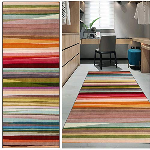 FKYUH Teppich Läufer Flur rutschfest Retro abstraktes Farbstreifen Küche Schlafzimmer Wohnzimmer Polyester Verblassen Anpassbare Größe (Color : A, Size : 100x250cm) von FKYUH