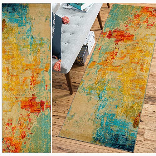 Teppich Läufer Flur rutschfest Moderner abstrakter bunter Stil Print Terrassen Teppich waschbar Anpassbare Größe (Color : A, Size : 60x100cm) von FKYUH