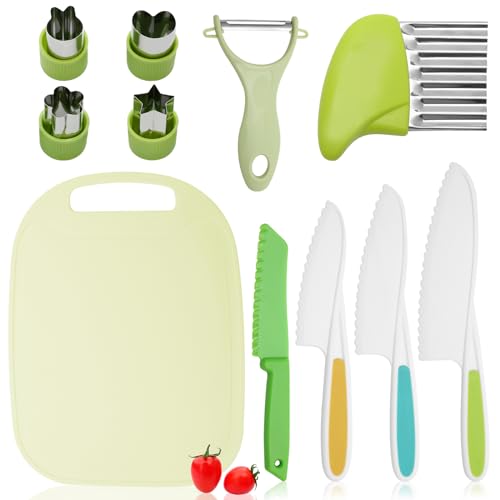 11 Stück Küchenmesser Set, Schneidemesser aus Kunststoff Obst und Gemüse, Messer Schneiden Lernen mit Brotdosen Ausstecher Set Schäler Schneidebrett Wellenschneider Montessori von FL HUA