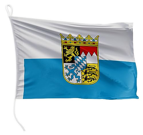 FLAGLY Premium Bootsfahne Bayern-Streifen mit Wappen 20 x 30 cm - 115g/m² Stoffgewicht - gedruckt, robust mit Strick & Schlaufe, Bootszubehör Motorboot (20 x 30 cm - Bayern-Streifen mit Wappen) von FLAGLY