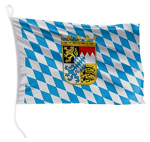 FLAGLY Premium Bootsfahne Bayern-Raute mit Wappen 20 x 30 cm - 115g/m² Stoffgewicht - gedruckt, robust mit Strick & Schlaufe, Bootszubehör Motorboot (20 x 30 cm - Bayern-Raute mit Wappen) von FLAGLY